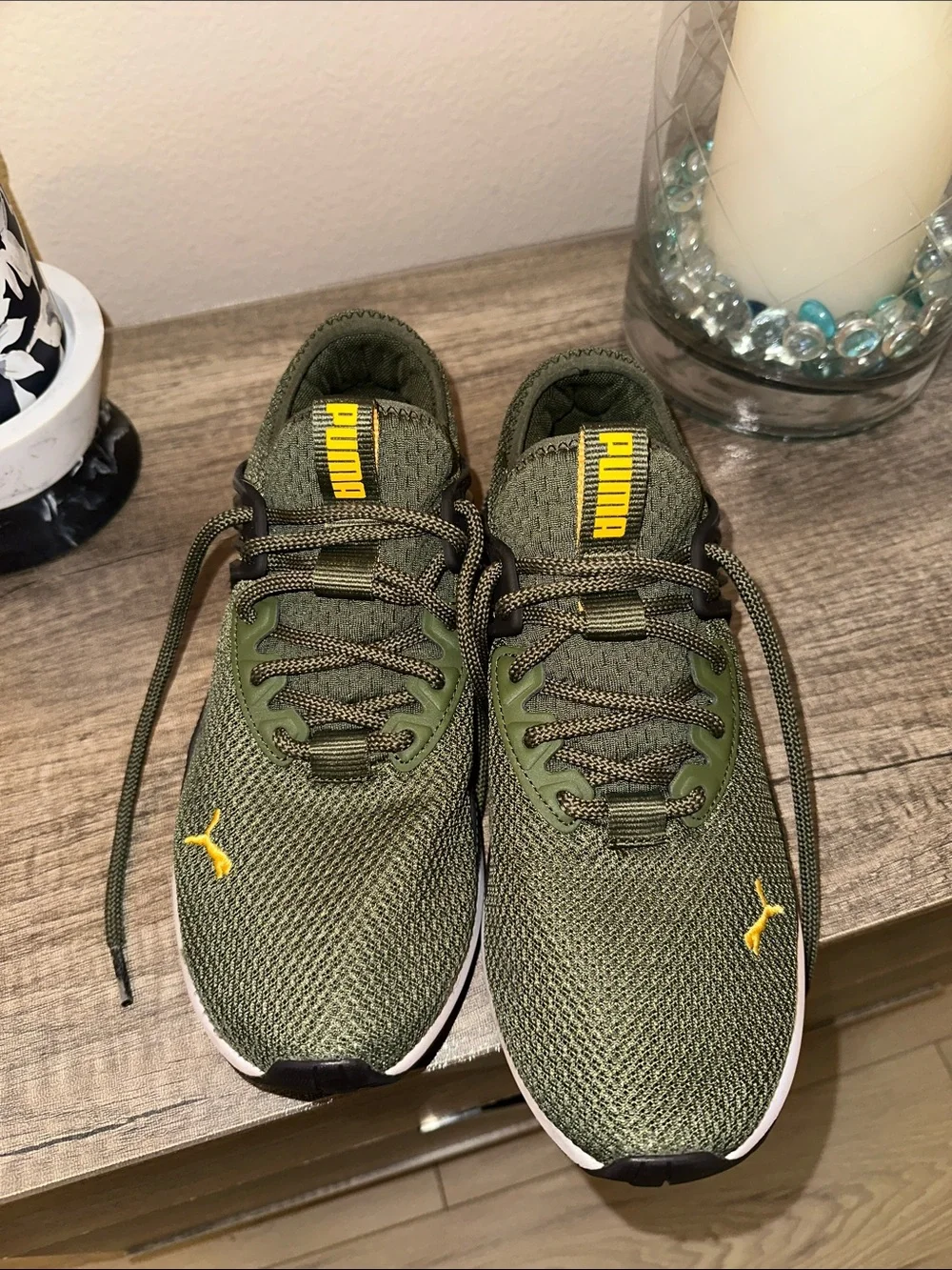 Puma Men's Olive Green Athletic Sneakers with Yellow Accents